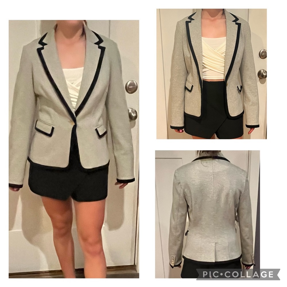 Barami grey blazer with black trim, gold button, size S
